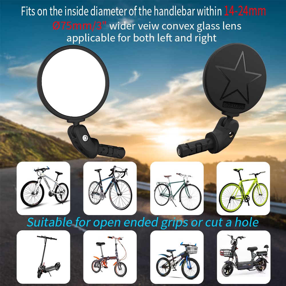 BriskMore Bike Handlebar Mirror, HD Glass Convex Lens Bicycle Rearview Mirror.