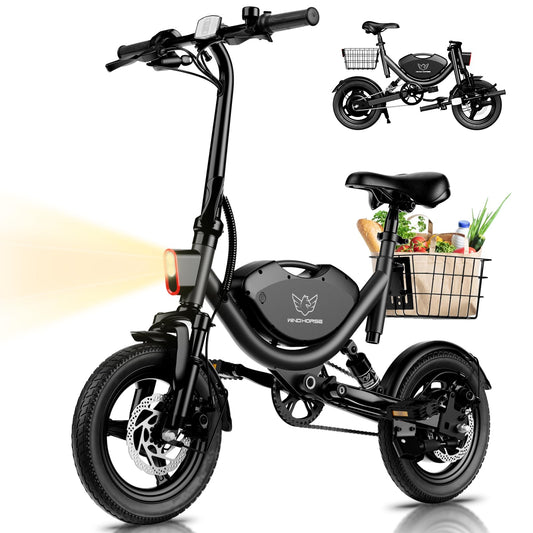 Electric Bike with Basket, 14" Folding E-bike 22 MPH, 35 Miles Range, Dual Suspension.