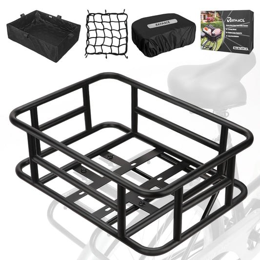 RAYMACE Rear Rack Bike Basket with Cargo Net and Liner Large Bicycle Basket Perfect Mount for Electric Bike