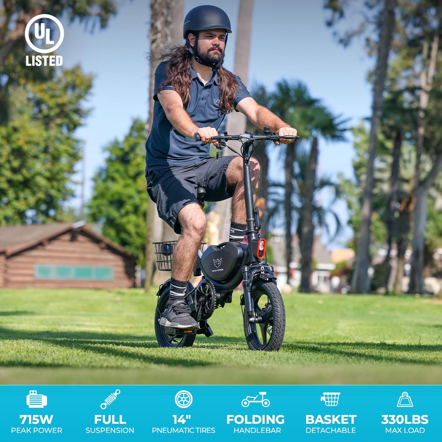 Electric Bike with Basket, 14" Folding E-bike 22 MPH, 35 Miles Range, Dual Suspension.