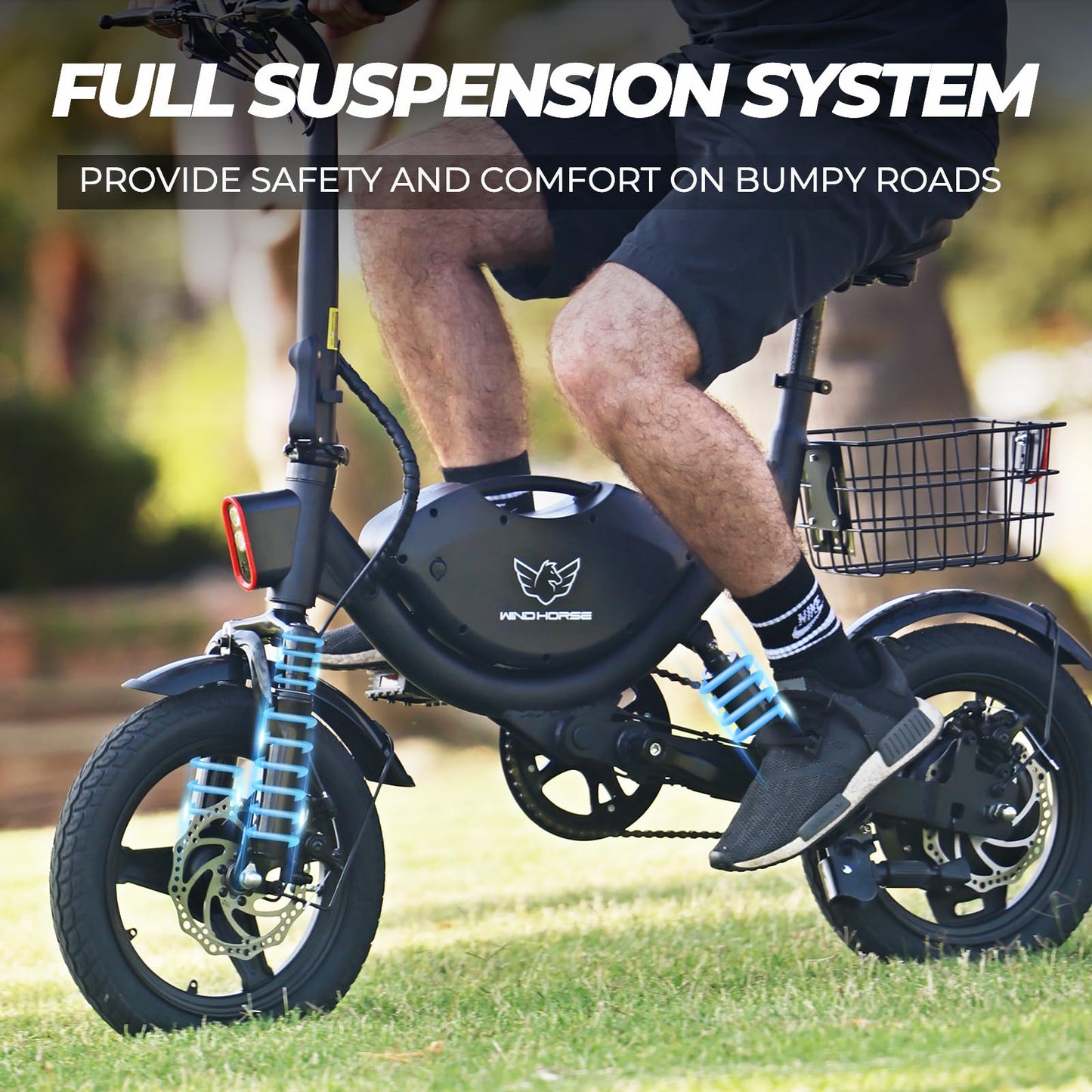 Electric Bike with Basket, 14" Folding E-bike 22 MPH, 35 Miles Range, Dual Suspension.